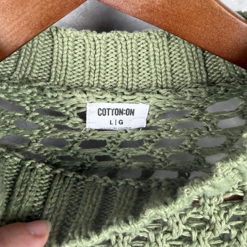 Green Crochet Knit Mock Neck Long Sleeve Crop Sweater Top L Fall‎ photo